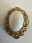 Vintage Miriam Haskell faux Pearl Gold Tone Filigree Pin Brooch Solitaire Oval