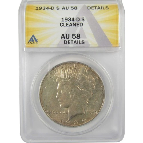 1934 D Peace Dollar AU 58 Details ANACS Silver $1 Coin SKU:I21603