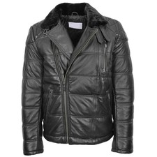 Chaqueta de motociclista de cuero genuino negra con cuello de piel sintética abrigo acolchado con cremallera para hombre