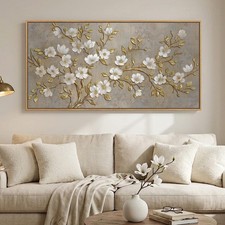 Large Framed Neutral Botanical Wall Art for Living Room, Rustic Elegant Magno...