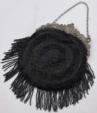 Vintage Black Beaded Flapper Evening Purse With Fringe And Chain Handle