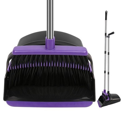 Broom and Dustpan Set, Upright Purple Broom with Dustpan Combo Set 51'' Long H...