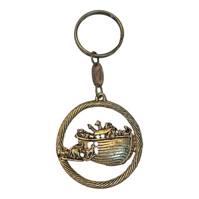 Vintage Gold Tone Noah's Ark Animals Boat Keychain Key Ring Fob