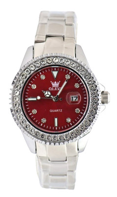 OLEVS Damen Armband Uhr 34mm Rot Silber Farben Edelstahl Datum Leuchtzeiger Neu