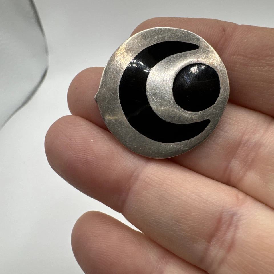 Brinco Vintage Taxco 925 Prata Esterlina ÚNICO Preto Inlay Marcado TB140 México - Imagem 4 de 4