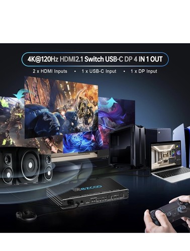 4K@120Hz HDMI 2.1 Switch 4x1 USB C DP1.4 4-Port Switcher with Audio Extractor - 第 2/8 張圖片