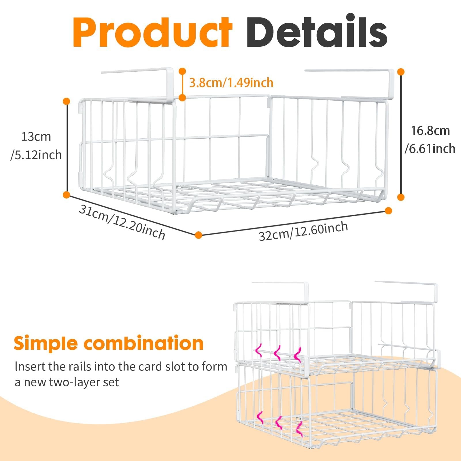 Hanging Under Shelf Storage Basket, 4 Pack Foldable Under Cabinet Metal Desk ...