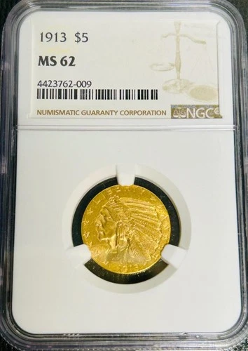 1913 P US American Half Eagle Indian Head Early Gold Coin $5 Dollar MS-62 NGC