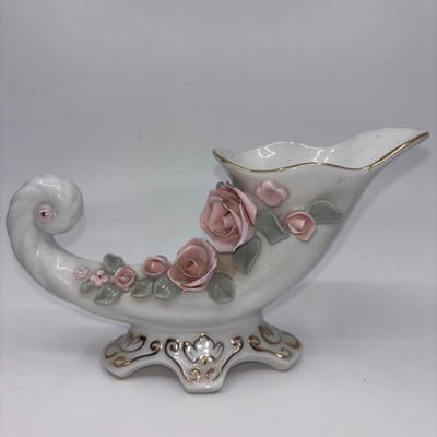 Vintage Lefton China Japan Cornucopia Vase Pink Porcelain Roses Gold Trim