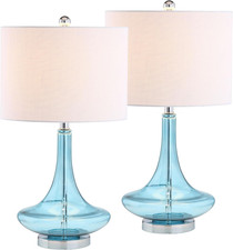 25.5" Aqua/Chrome Glass Teardrop Table Lamp Set of 2 for Bedroom, Modern Bedside
