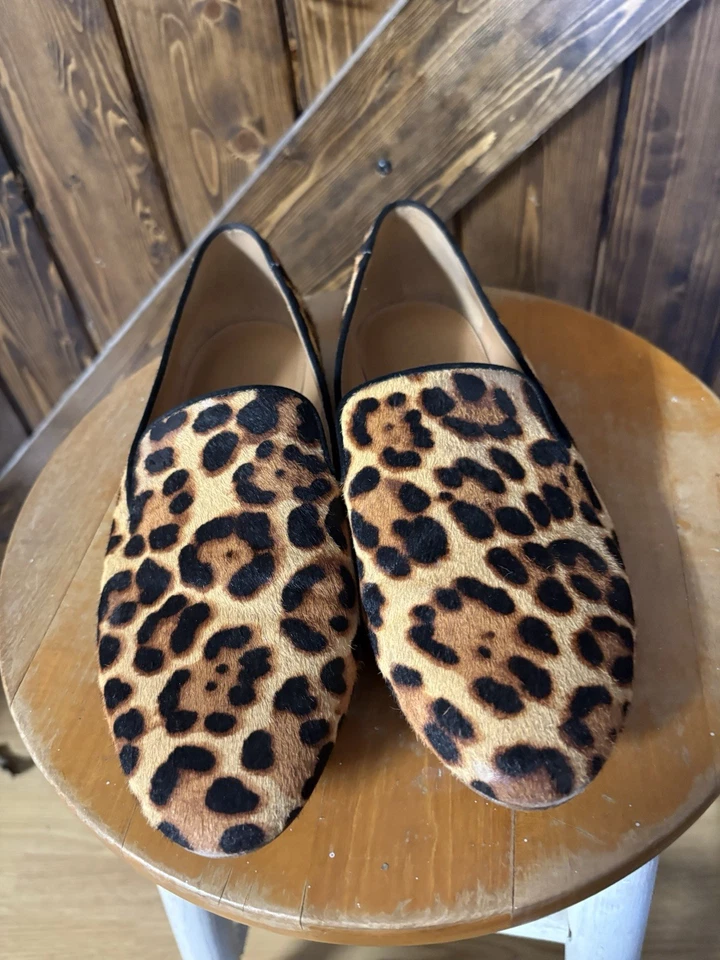 J Crew леопард икры волосы курения тапочки мокасины плоскостях размер 9 отличном состоянии - Изображение 2 из 4