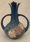 Roseville Pottery Blue Cosmos Loop Handled Vase, Shape 948-7"