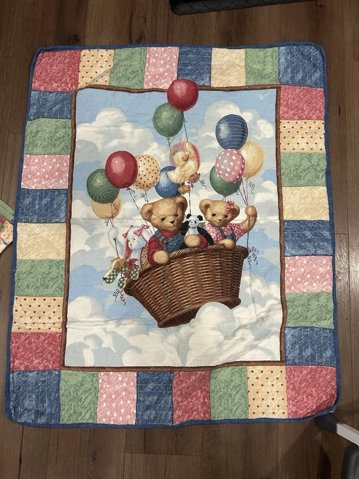 De Colección Azul Jean Oso de Peluche Bebé Edredón Guardería Manta Borde de Seda Globo de Aire Caliente Foto 2 de 4