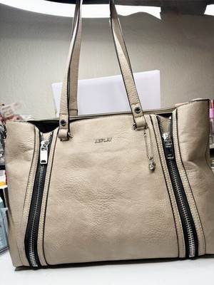 Replay Beige Tote Bag with Zipper Accents Bag Charm Women's Shoulder