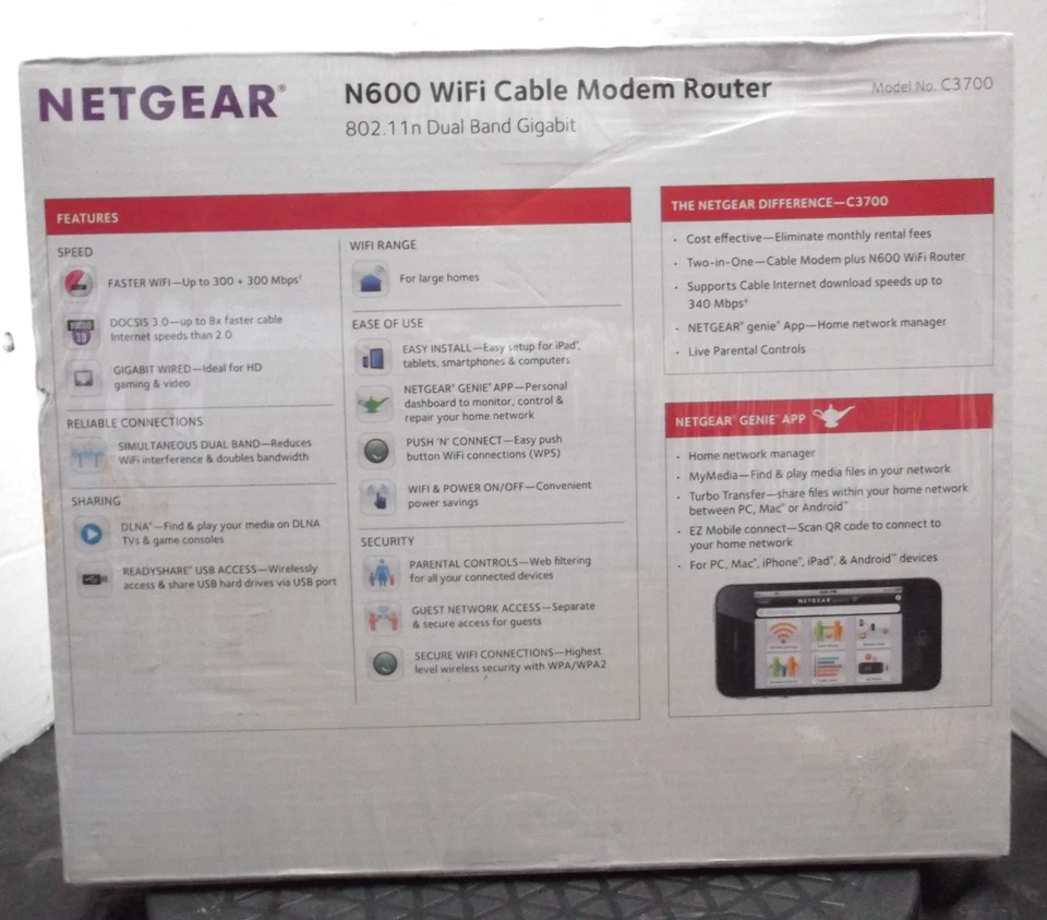 NEW SEALED Netgear N600 Wi-Fi Cable Modem Router 802.11 Dual Band Gigabit C3700 - Image 2 of 4