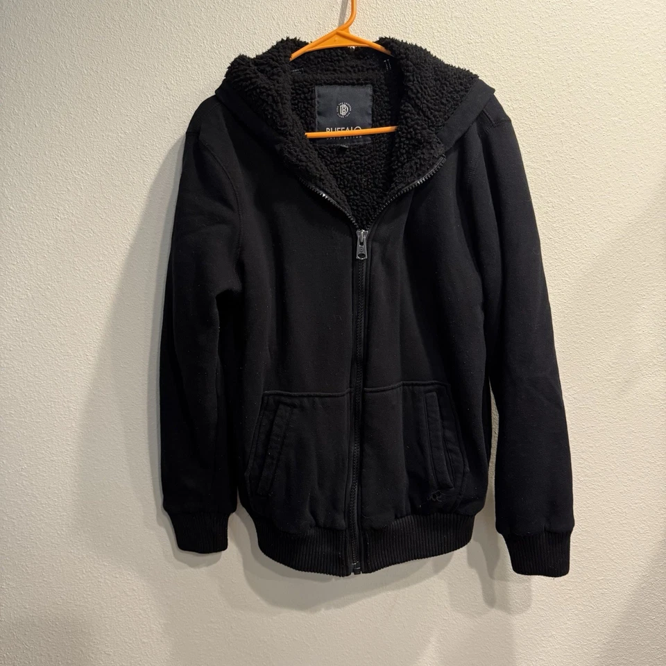 Chaqueta Buffalo David Bitton Para Hombre Mediana Negra Forrada Sherpa Cremallera Completa Sudadera con Capucha Parche Foto 3 de 4