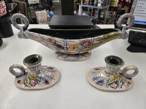 Vintage 1955 Hull Pottery T10 Blossom Flite console bowl And T11 Candle Holders