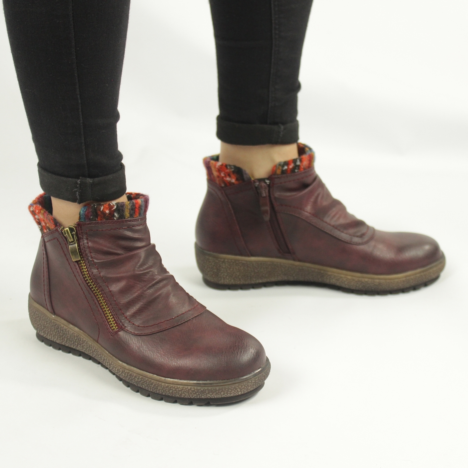 Shumo GINA Ladies Womens High Grip Knitted Collar Zip Up Ankle Boots Burgundy Shumo GINA Ladies Womens High Grip Knitted Collar Zip Up Ankle Boots Burgundy