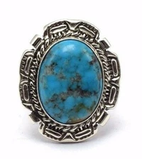 Navajo Handmade Kingman Turquoise Ring in Sterling Silver Size 7.25 by A. Largo