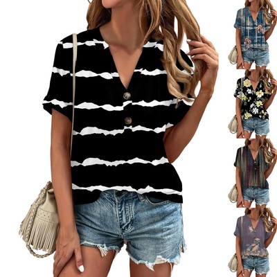 Women's Shirt Blouse Button Vintage Print Short Sleeve Casual Basic Top Pullover