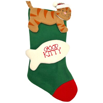 Cat Christmas Stocking Good Kitty Tiger Striped Brown Feline Knit Hat Fish Sign