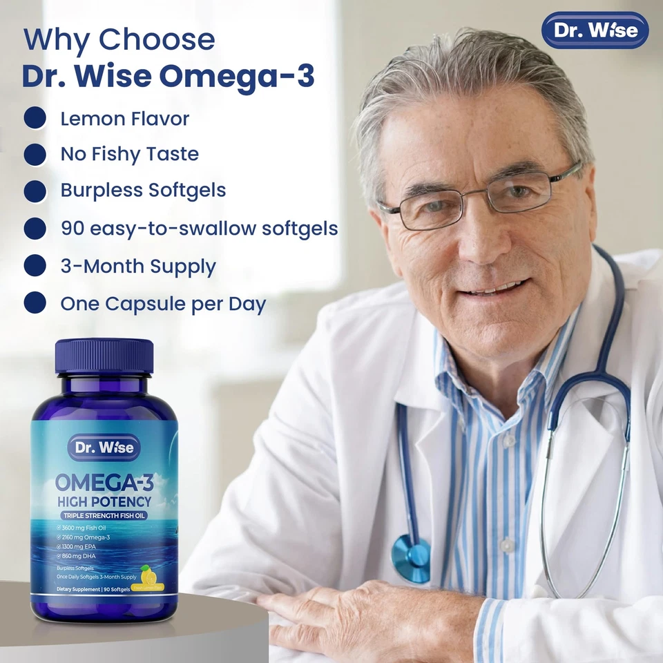 Dr. Aceite de pescado Wise Omega-3 3600 mg - uno por día - triple fuerza EPA 1300 mg y... Foto 4 de 4