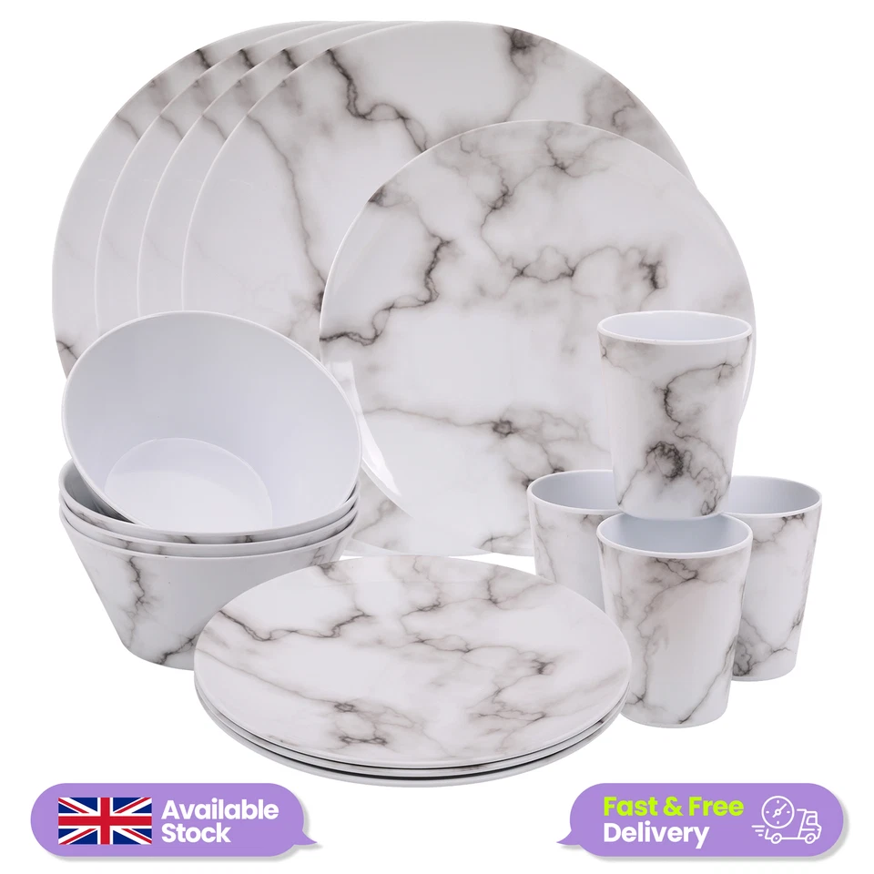 16pcs Melamine Dinnerware Set Marble Print Dishwasher Safe Tableware BBQs Picnic - Image 4 of 4