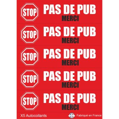 5 Autocollants Stop Pub Rouge - Pour Boîte Aux Lettres - Neuf - Fabriqué En France