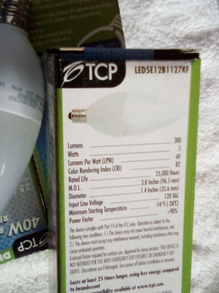 3 LED Light bulbs TCP LED5E12B1127KF 5 Watts 120 Volts E12 Base Dimmable Frosted - Image 3 of 3