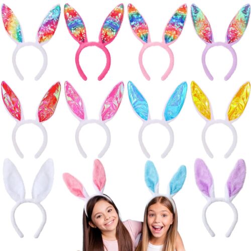 Retisee 12 Pcs Easter Bunny Ears Plush and Sequin Bunny Ears Headband Colorfu...