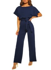 Happy Sailed Women Casual Loose Short Sleeve Belted Wide Leg Pant