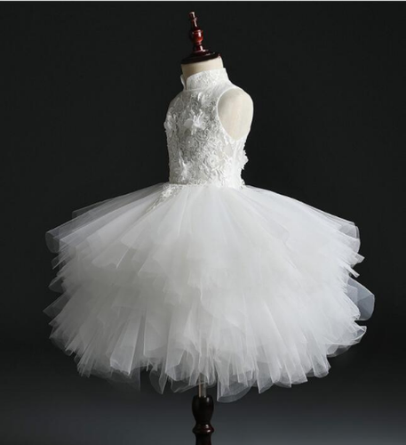 Long Trailing White Lace Dress Flower Tulle Ball Gown Girls Pageant Gown - Picture 4 of 20