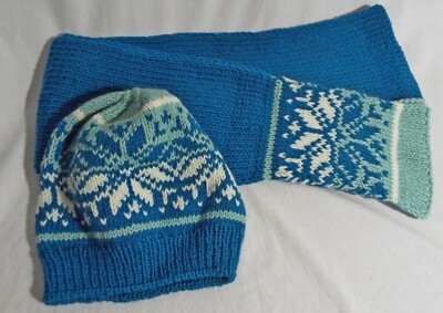 Handmade blue and green knit beanie and scarf set Handmade Knit Hat and Scarf Set: Blue Green Multi Acrylic - Etsy main image 2
