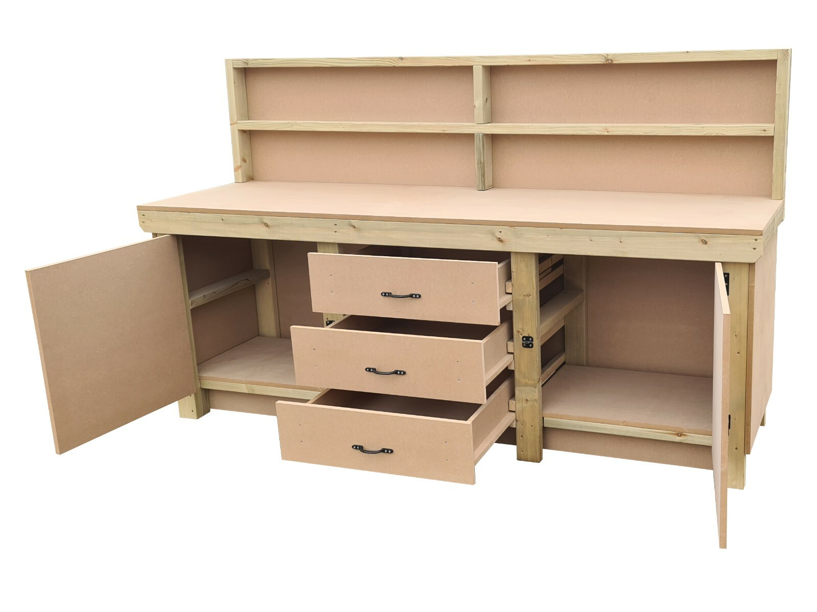 Wooden Workbench With Drawers and Double Lockable Cupboard Heavy-Duty ...