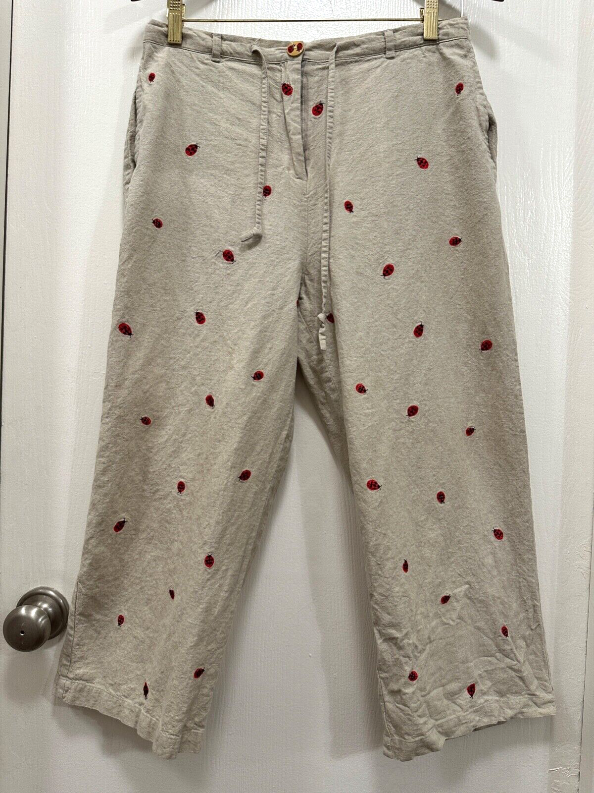 Mureli Women's Beige Linen Wide Leg Pants with Ladybug Print Size L Stain Resistant