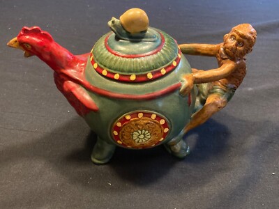 Vintage Chinese Export Minton Style Majolica Monkey/Chicken/Snail Teapot Decor