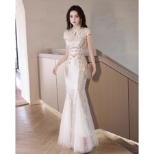 Fishtail Evening Dress Cheongsam Slim Retro Luxury Womens Wedding Banquet Sequin