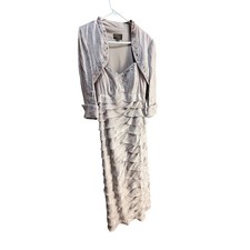Ignite Evenings Carol Lin Silver Tiered Ruffle Dress Bolero Jacket Set Size 12