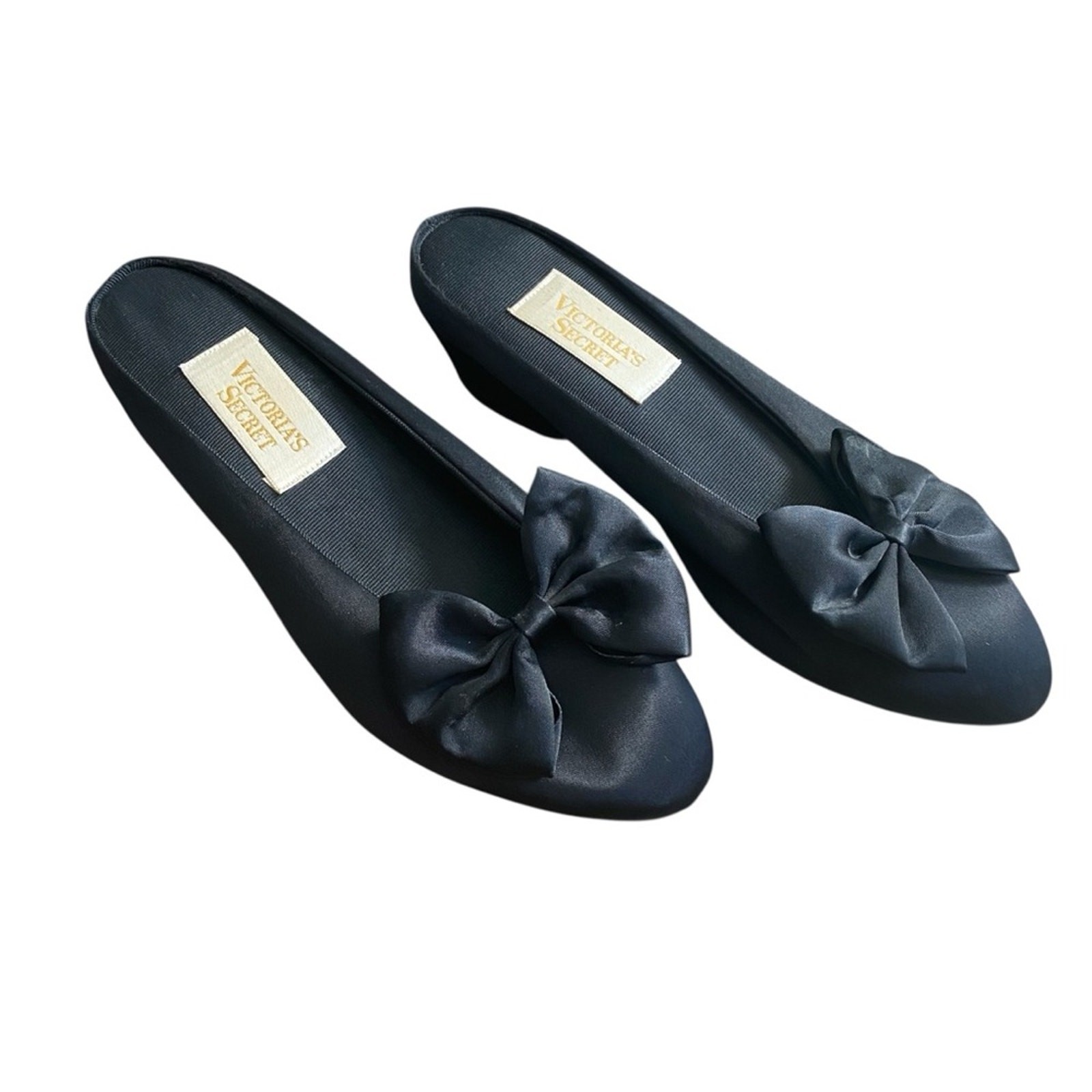 PANTOFOLA D’ORO Scarpa pantofola Victoria's Secret vintage Westgate raso nero fiocco 5 6 etichetta oro