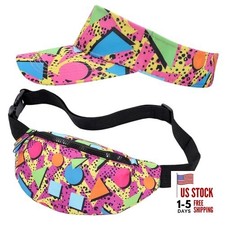 2 Pcs 80s 90s Fanny Pack Sun Visor Hat Waist Bag 80s 90s Outfit Retro Pink