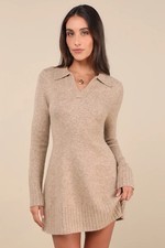 Lulu's Soft Serenity Heather Taupe Collared Sweater Mini Dress NWT Small Lulus