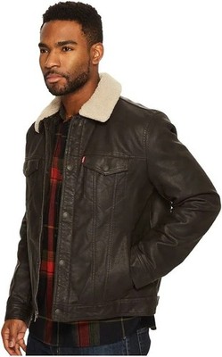 Levi s Leather Trucker Jacket Mens Large Brown Sherpa Western Biker Motorcycle