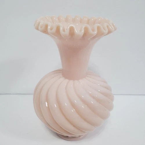 Fenton Ruffled Vase  6" Pink Opalescent Pastel Spiral Optic Milk Glass Vintage