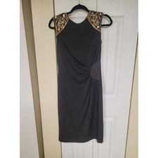 JS Collections Black Bugle Beads Sheath Dress Sz 8 Cocktail Party Wedding Chic