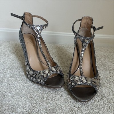 Jewel Badgley Mischka Silver Glitter Rhinestone Strappy Open Toe Heels 8