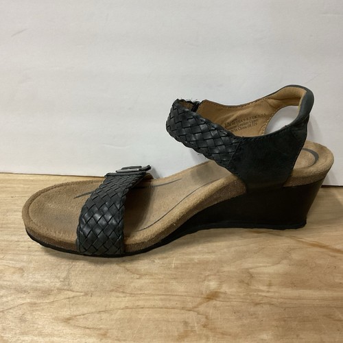 Womens 9-9.5 Aetrex Grace Wedge Sandals Black Leather Woven Straps Adjustable - Picture 4 of 11
