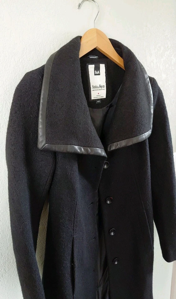 Abrigo largo de lana negro Soia & Kyo con ribete de cuero sintético para mujer talla XS de lujo Foto 4 de 4