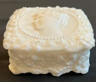 Vntg Fostoria VANITY TRINKET BOX SQUARE Jenny Lind Cameo Milk Glass 1950s