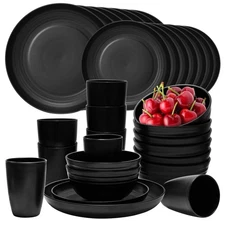 32Pcs Black Plates and Bowls Sets,Lightweight Plastic Dishes Set for 8,Unbrea...