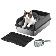 30L Stainless Steel Cat Litter Box High Sided Cat Litter Tray with Scoop  Mat